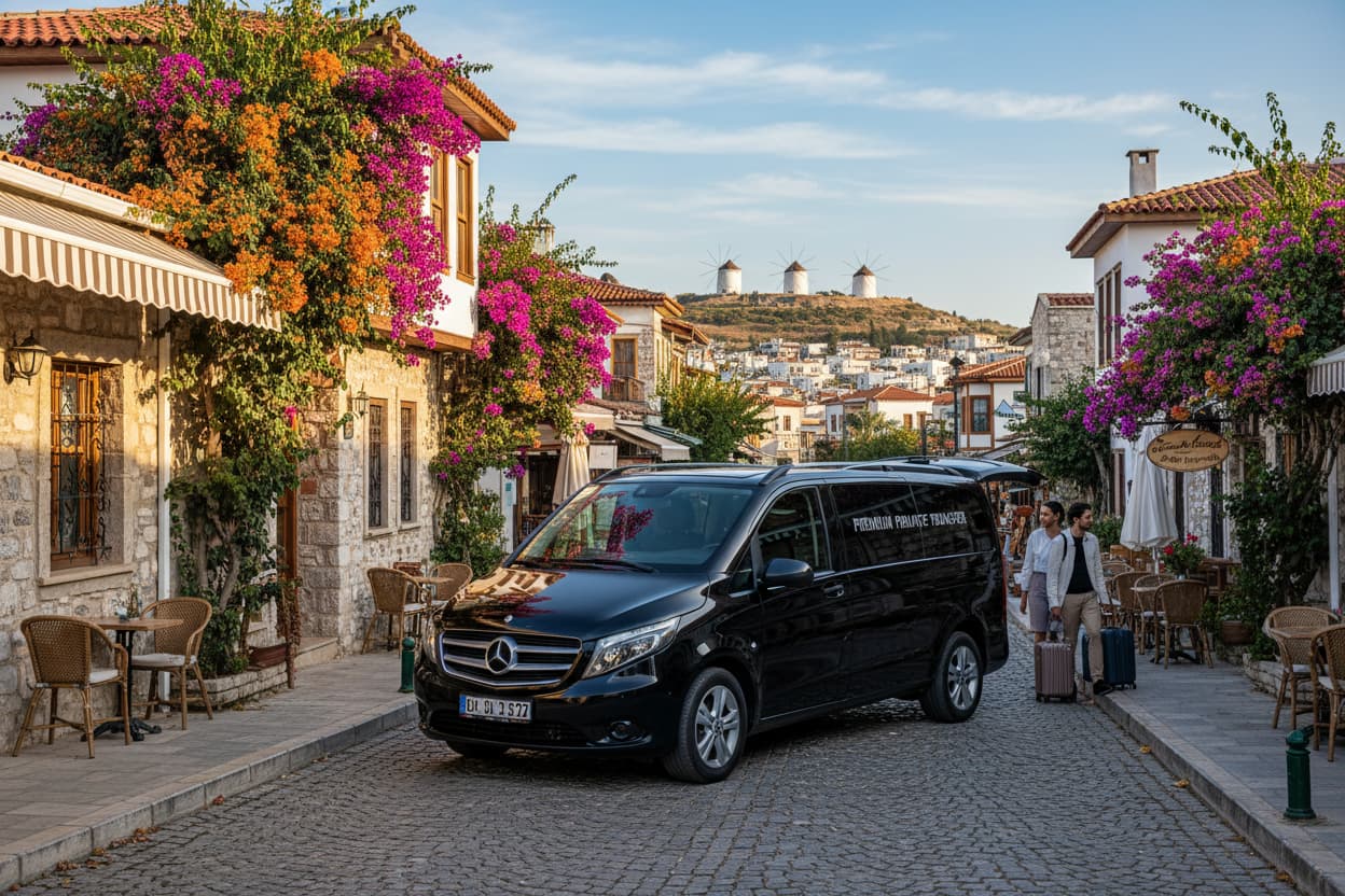 TTT Transfer – Trustable Turkish Transfer Mercedes Vito private transfer from Alaçatı and Çeşme to Izmir Airport on charming cobblestone street with traditional stone houses and windmills