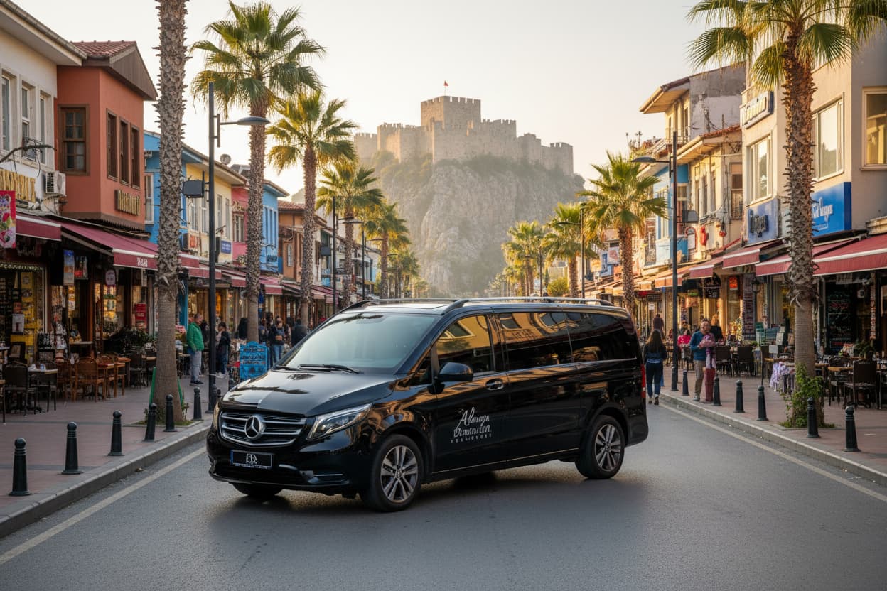TTT Transfer – Trustable Turkish Transfer Mercedes Vito private transfer driving through Alanya city center with Alanya Castle in the background