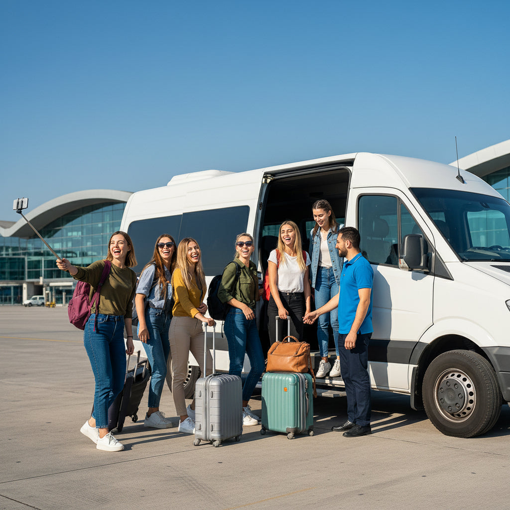 TTT Transfer – Trustable Turkish Transfer Mercedes Sprinter shuttle bus with happy young travelers boarding at Antalya Airport for shared transfers to Alanya Side Belek and Kemer