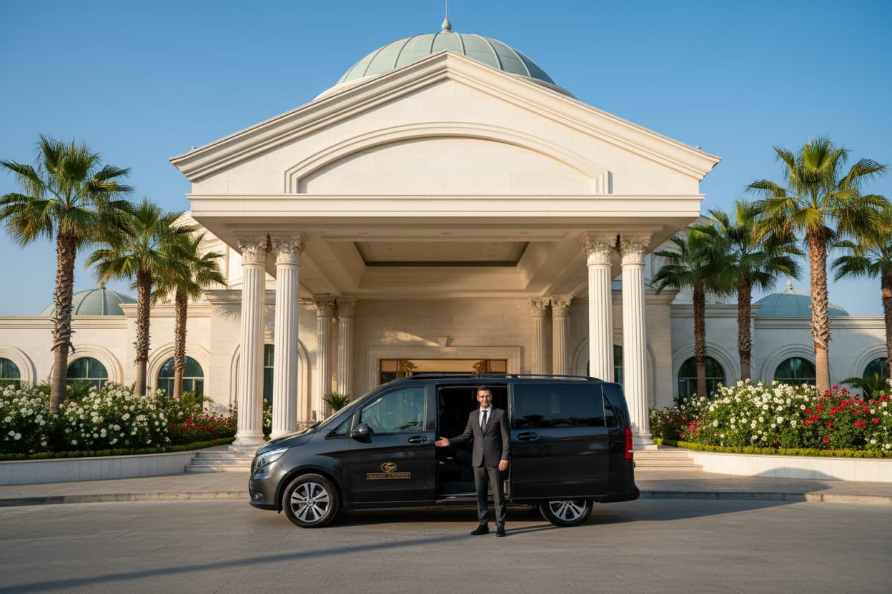 TTT Transfer – Trustable Turkish Transfer Mercedes Vito private transfer at luxury 5-star hotel entrance in Belek with professional chauffeur