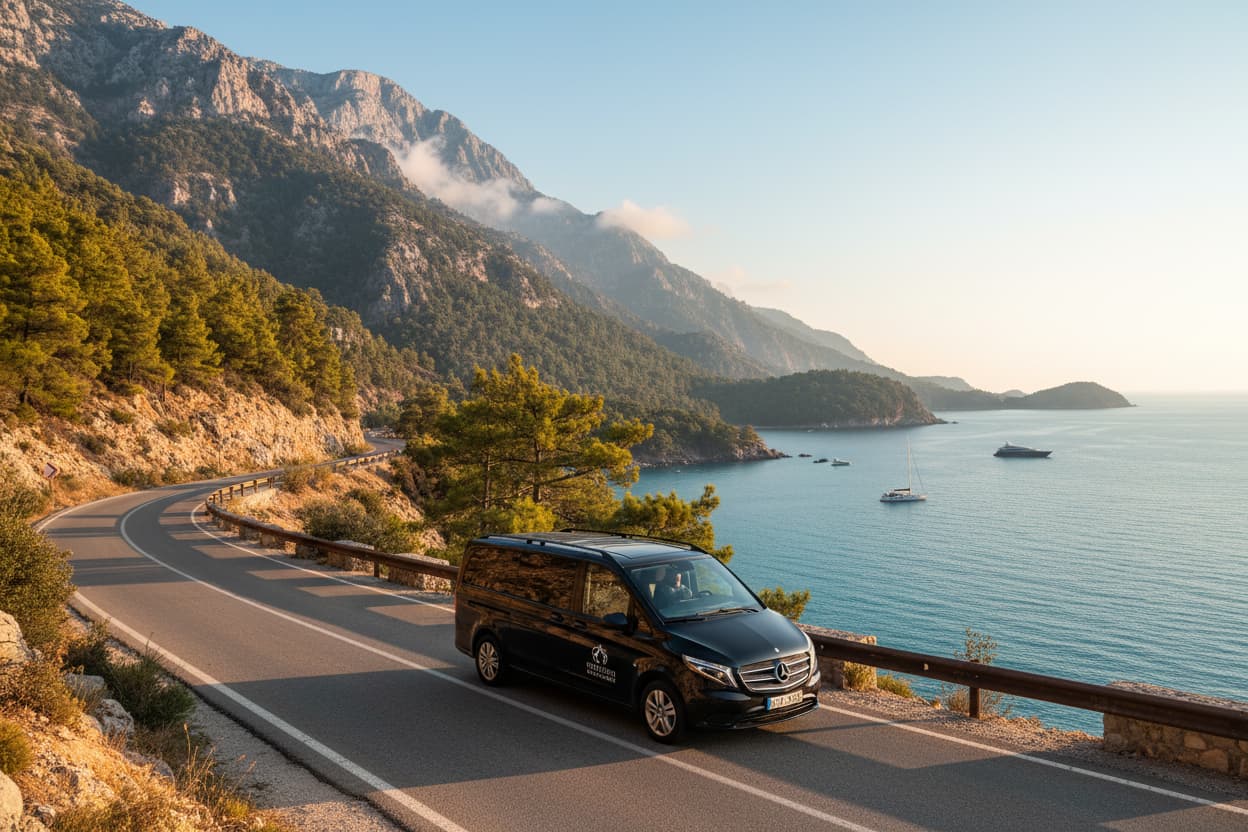 TTT Transfer – Trustable Turkish Transfer Mercedes Vito private transfer from Kemer and Tekirova to Antalya Airport on scenic mountain road with Taurus Mountains and Mediterranean Sea