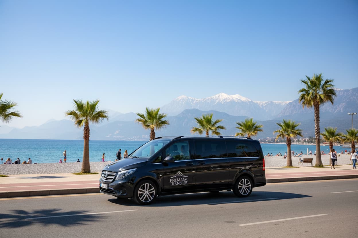 TTT Transfer – Trustable Turkish Transfer Mercedes Vito private transfer from Kundu and Konyaaltı to Antalya Airport along the Mediterranean beach promenade