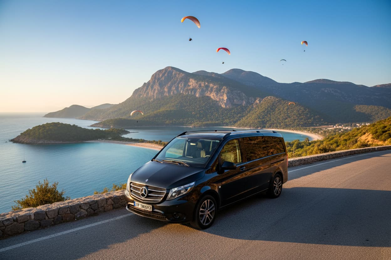 TTT Transfer – Trustable Turkish Transfer Mercedes Vito private transfer from Ölüdeniz to Dalaman Airport with Blue Lagoon turquoise waters and paragliders over Babadağ mountain