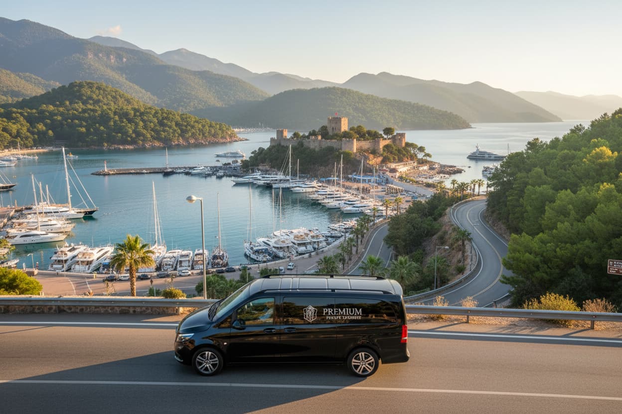 TTT Transfer – Trustable Turkish Transfer Mercedes Vito private transfer from Marmaris to Dalaman Airport along scenic bay with luxury marina and Marmaris Castle