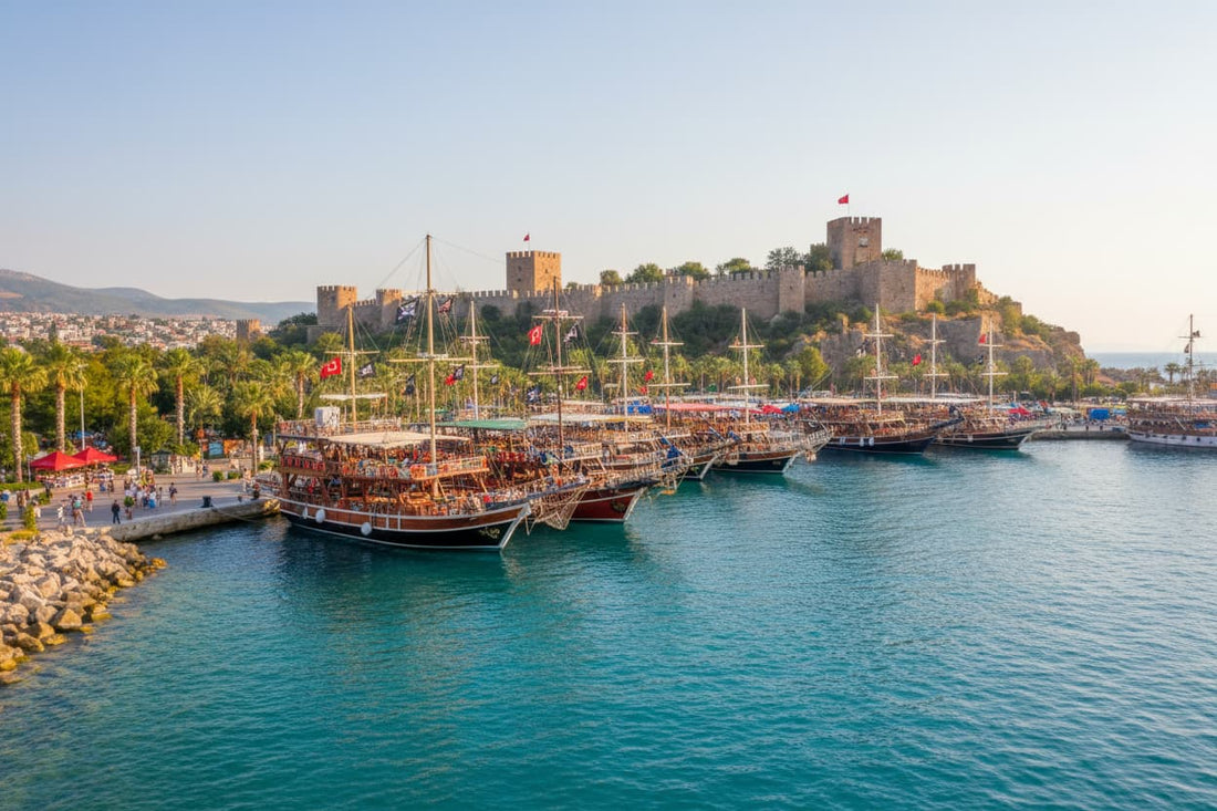 Pirate ships docked side by side at Alanya harbor, Turkey with Alanya castle in the background