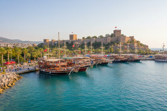 Pirate ships docked side by side at Alanya harbor, Turkey with Alanya castle in the background
