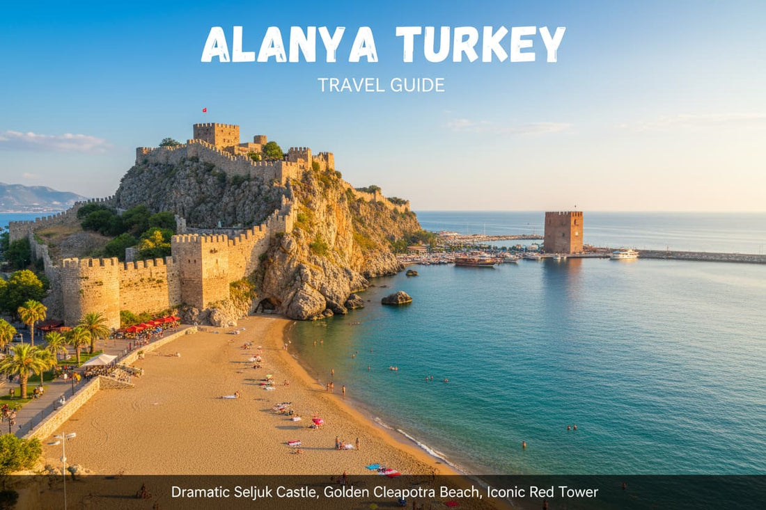 Alanya Turkey – dramatic Seljuk castle on rocky clifftop peninsula above turquoise Mediterranean sea, golden Cleopatra Beach with calm warm water and iconic Red Tower at harbour