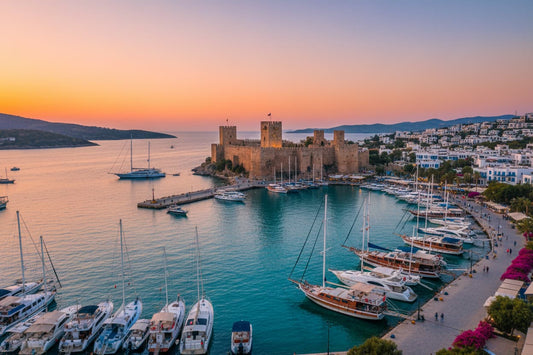 Bodrum Turkey – whitewashed coastal town with turquoise bay, Crusader Castle of St. Peter at harbour, luxury yachts at marina and ancient Greek amphitheatre overlooking the Aegean Sea