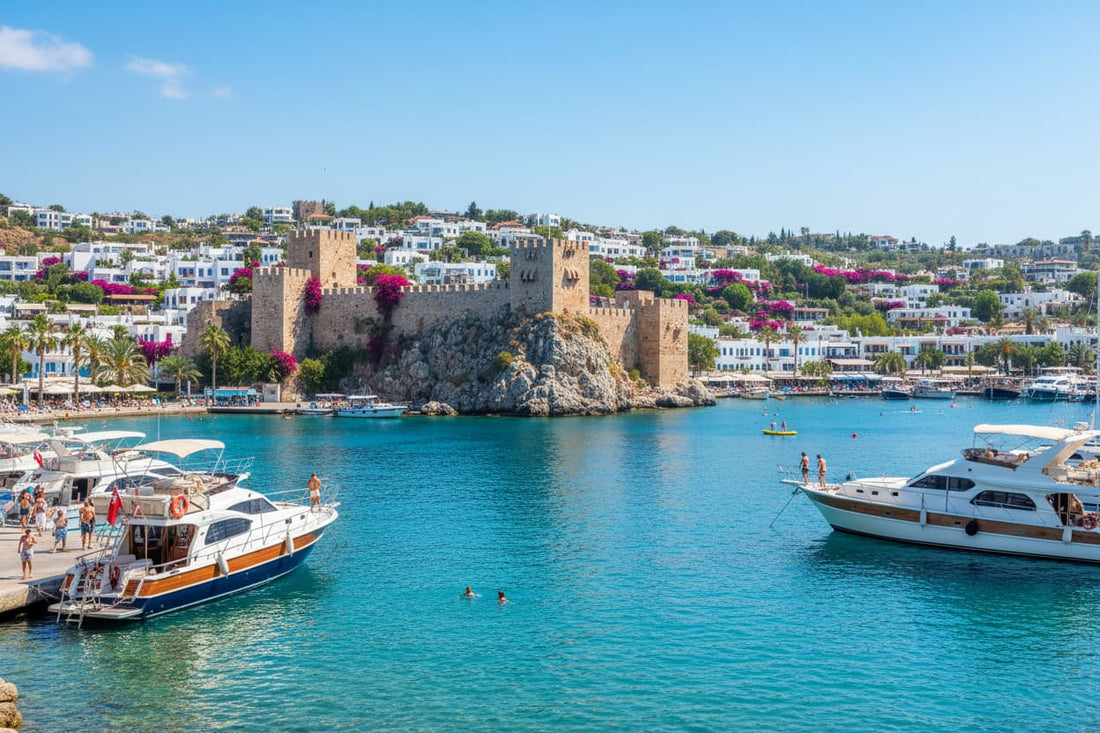 Bodrum Turkey – iconic crusader Castle of St. Peter on rocky peninsula between two harbours, whitewashed houses with bougainvillea, crystal-clear turquoise Aegean bay with luxury yachts and traditional wooden gulets