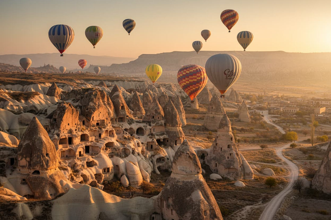 Cappadocia Turkey – colorful hot air balloons floating over fairy chimney rock formations at golden sunrise, ancient cave dwellings carved into volcanic landscape