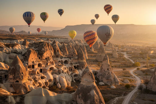 Cappadocia Turkey – colorful hot air balloons floating over fairy chimney rock formations at golden sunrise, ancient cave dwellings carved into volcanic landscape