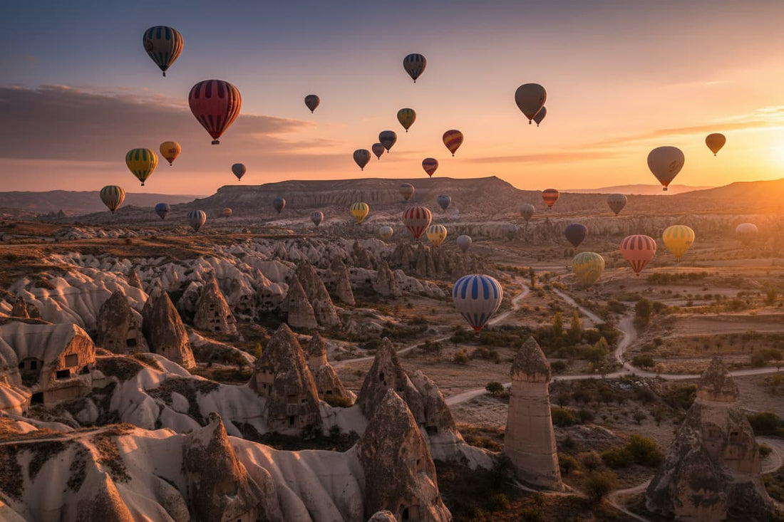 Cappadocia Turkey at sunrise – colorful hot air balloons floating above fairy chimneys and rock formations in Göreme valley, golden morning light