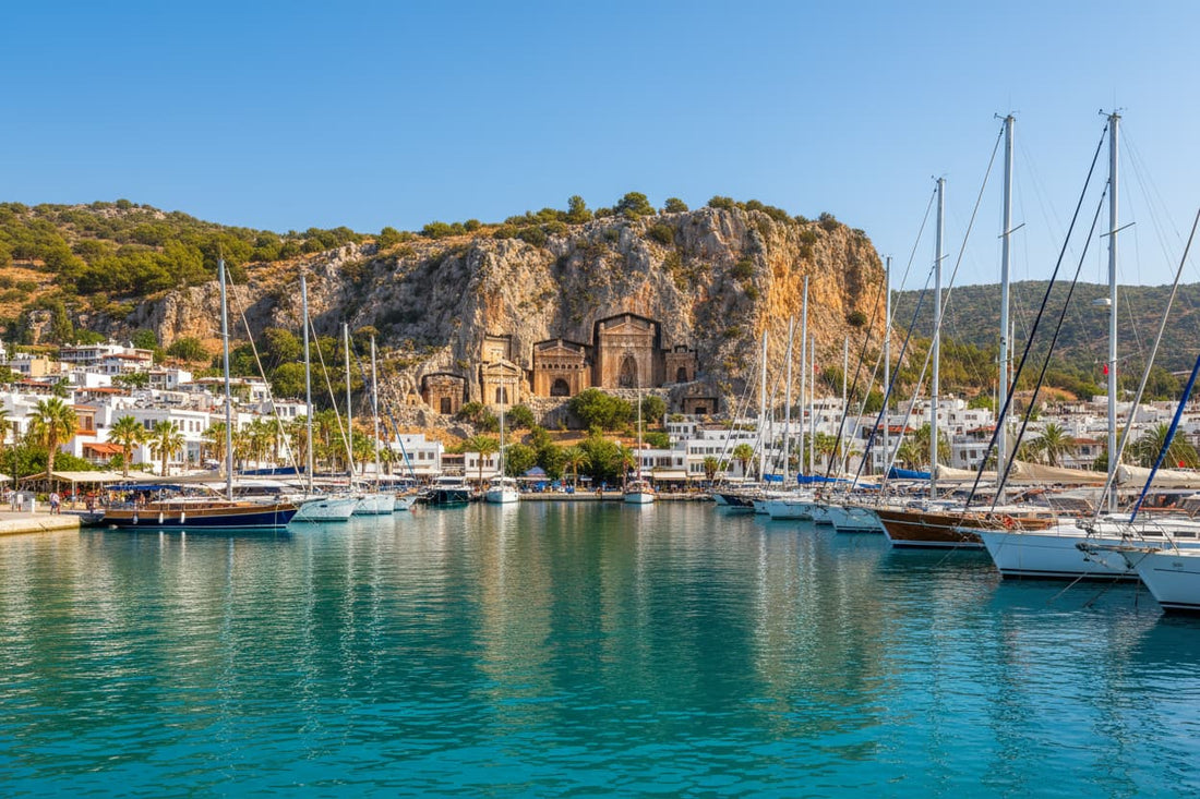 Fethiye Turkey – turquoise marina bay with sailboats, ancient Lycian rock tombs carved into cliffs, Ölüdeniz Blue Lagoon crystal clear water and paragliders over Babadağ Mountain