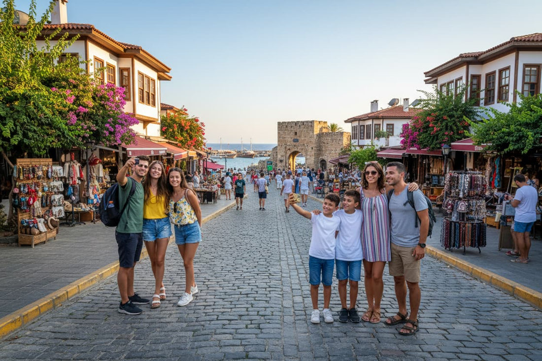Is Turkey safe to visit – happy tourists exploring Antalya old town Kaleiçi, family walking along Bodrum harbour promenade, couple at Cappadocia hot air balloon sunrise, welcoming Turkish hospitality and beautiful Mediterranean destination