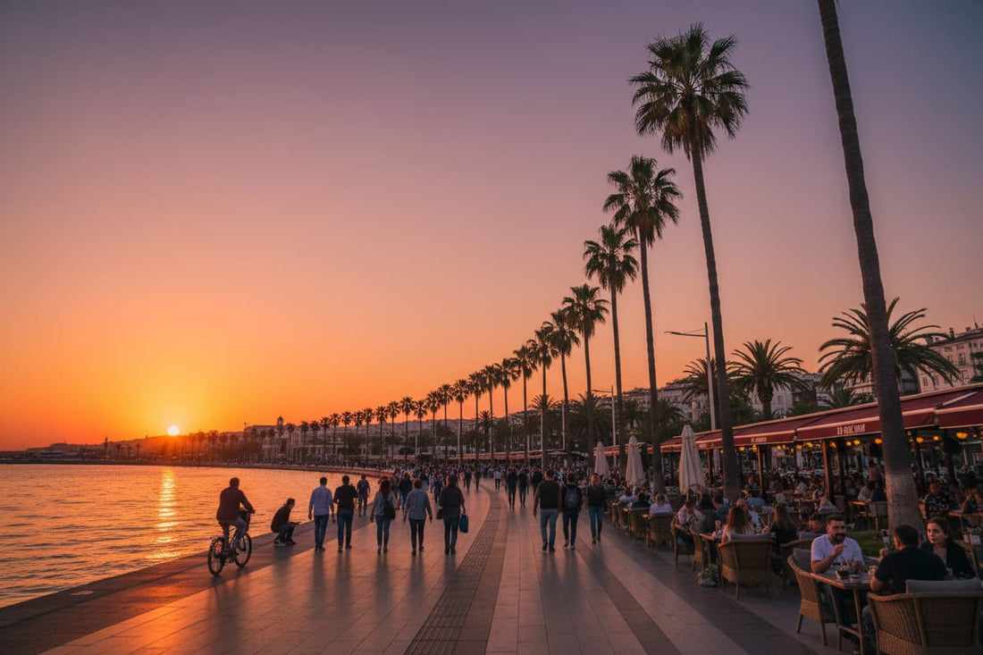 Izmir Turkey – Kordon waterfront promenade along Aegean bay at sunset with palm trees, ancient Ephesus Library of Celsus marble facade, Kadifekale hilltop castle overlooking the city and colourful Kemeraltı bazaar