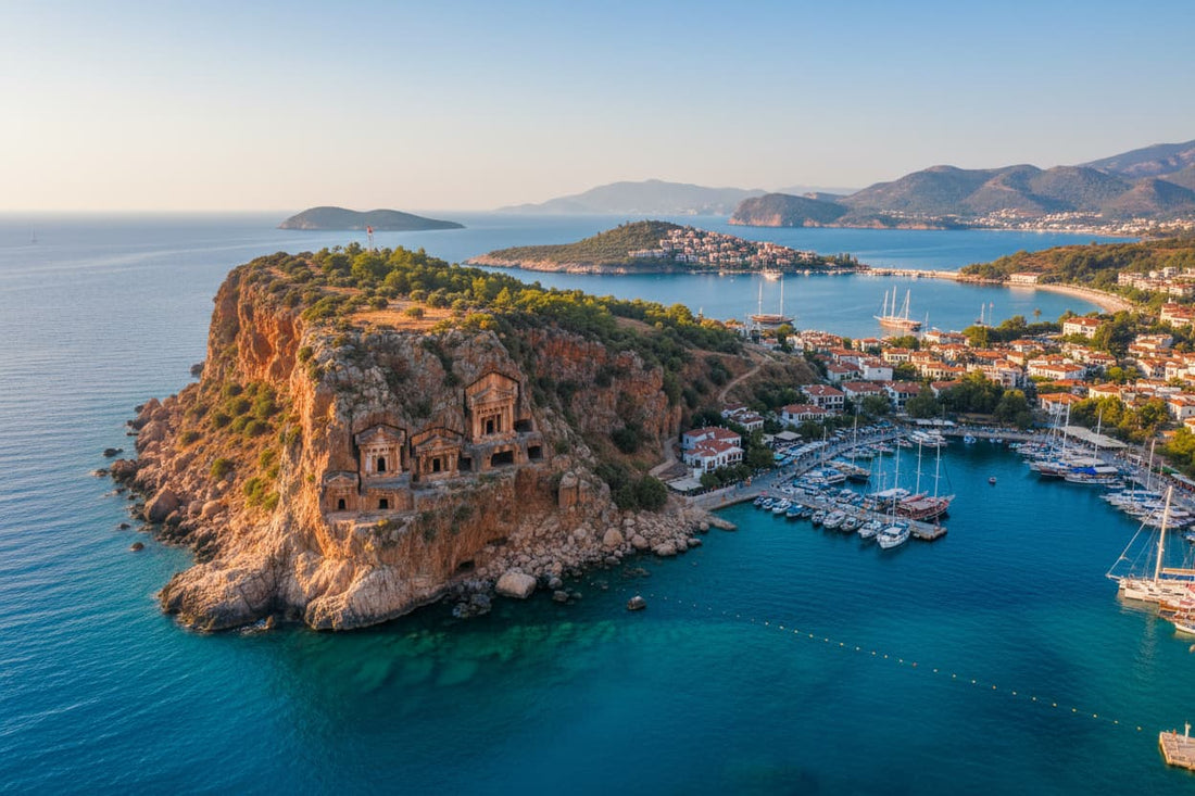 Kaş Turkey – charming coastal town on rocky Mediterranean peninsula with turquoise sea, ancient Lycian rock tombs, colourful harbour with sailboats and Kaputaş beach dramatic gorge