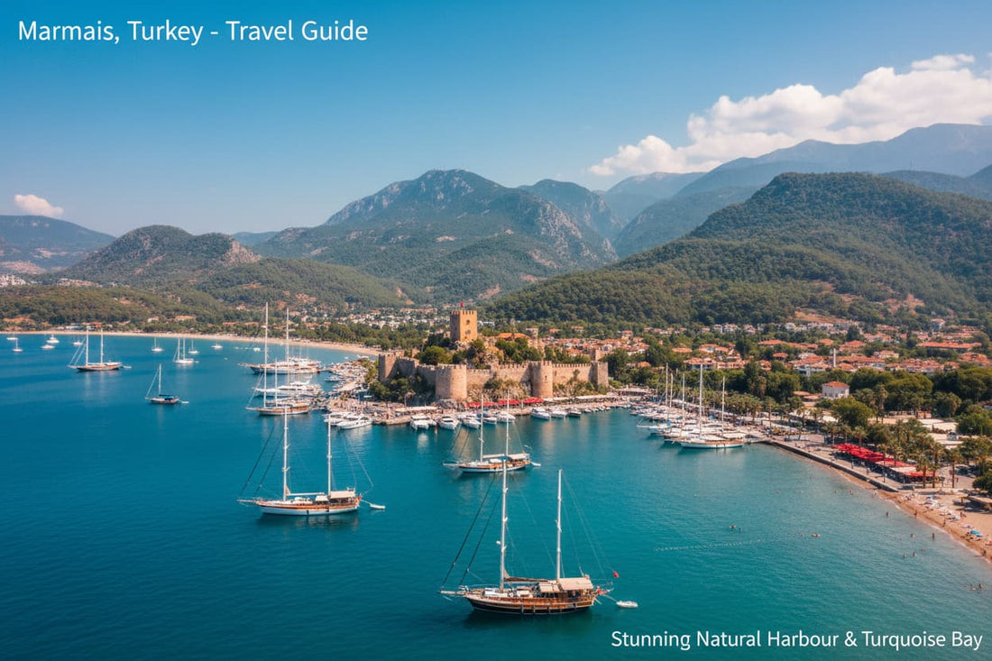 Marmaris Turkey – stunning natural harbour with sailboats and gulets, pine-covered mountains surrounding turquoise bay, Marmaris castle on hilltop and İçmeler beach crystal clear water