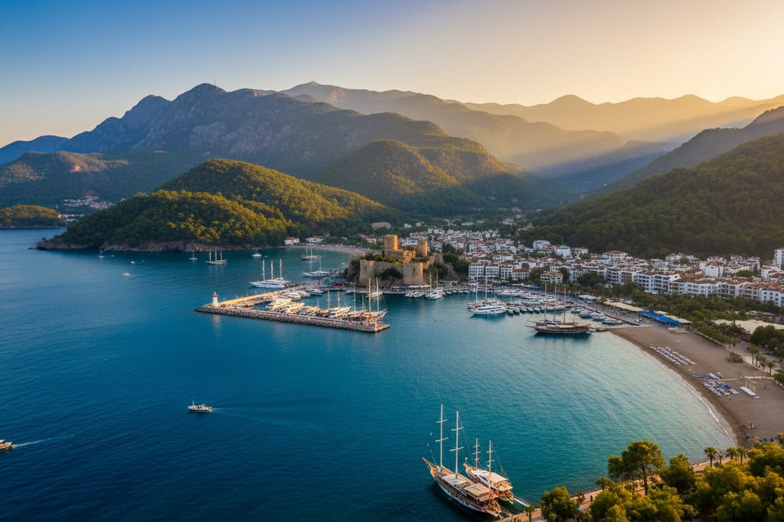 Marmaris Turkey – stunning natural harbour surrounded by pine-covered mountains, large marina with luxury yachts and traditional wooden gulets, sandy beach and Ottoman castle above old town, turquoise Mediterranean water