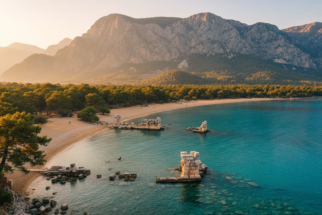 Olympos beach Turkey – turquoise Mediterranean sea with ancient Lycian ruins in pine forest, dramatic mountain backdrop, Lycian Coast
