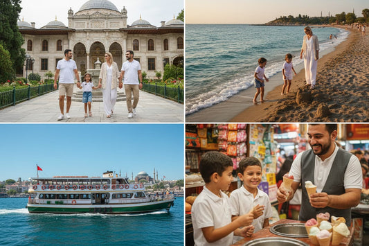 Family holiday in Turkey – parents and children at Topkapi Palace Istanbul, kids on turquoise Mediterranean beach Antalya, family Bosphorus boat trip and Turkish ice cream