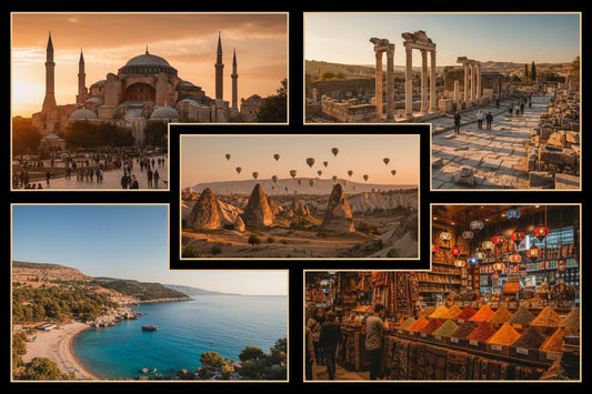 Stunning travel collage of Turkey – Hagia Sophia in Istanbul, ancient Roman ruins of Ephesus, fairy chimneys of Cappadocia with hot air balloons, turquoise Mediterranean coastline near Antalya, and traditional Turkish bazaar with spices and lanterns