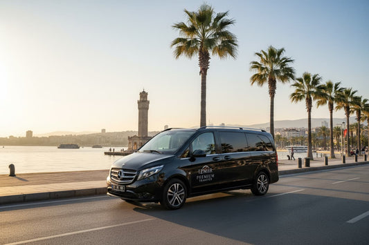 TTT Transfer – Trustable Turkish Transfer Mercedes Vito private transfer from Izmir City Center Konak to Izmir Airport along Kordon waterfront promenade with Izmir bay
