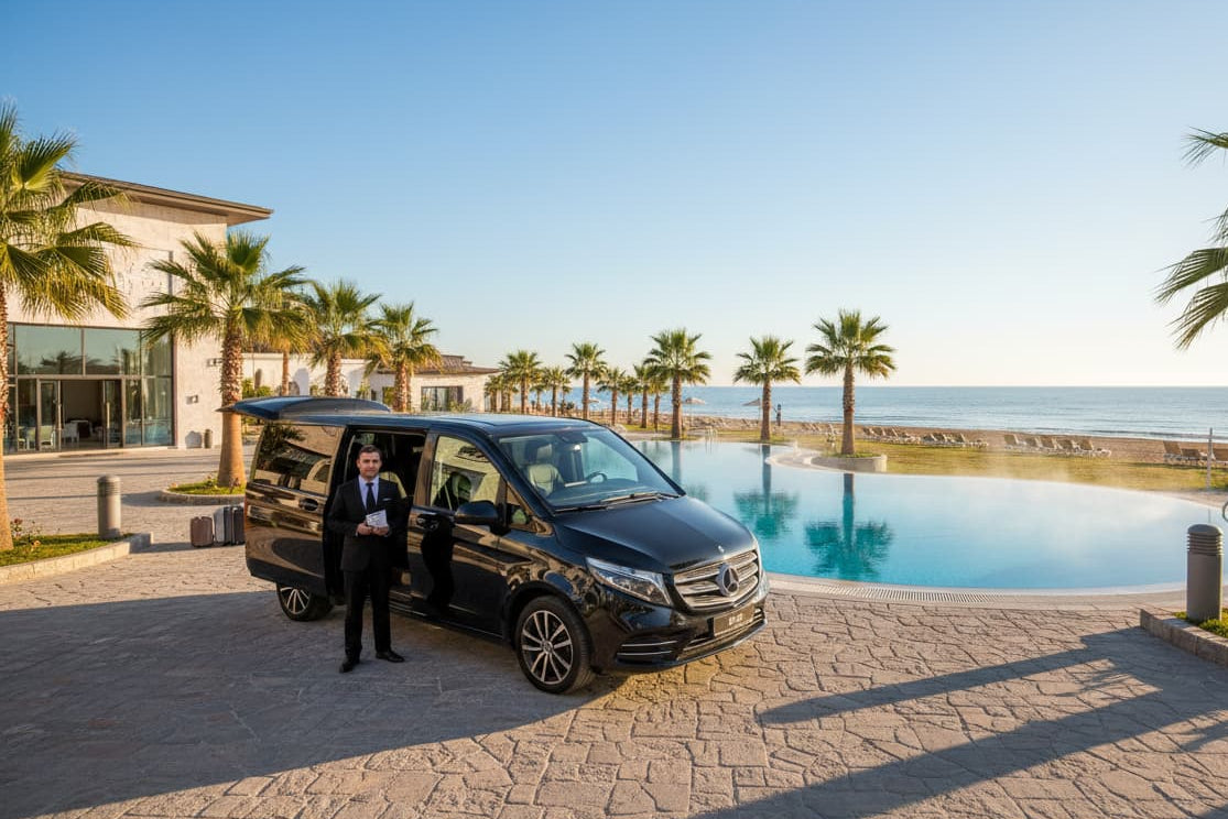 TTT Transfer – Trustable Turkish Transfer Mercedes Vito private transfer from Özdere and Seferihisar to Izmir Airport at thermal spa resort with Aegean Sea and outdoor pool
